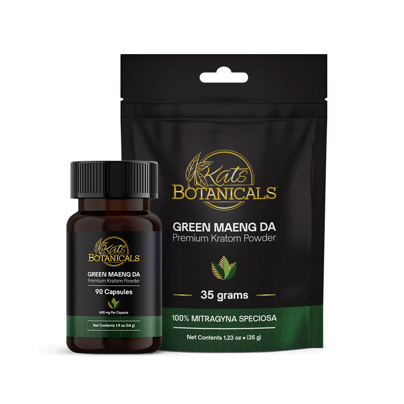 Green strain Kratom capsules and powder