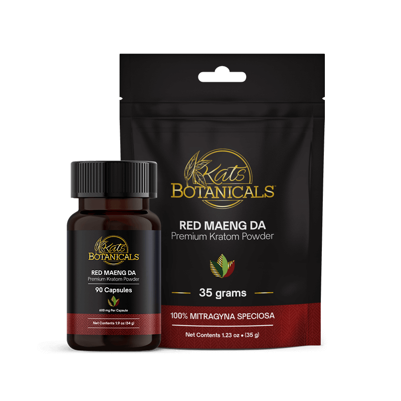 Red strain Kratom capsules and powder